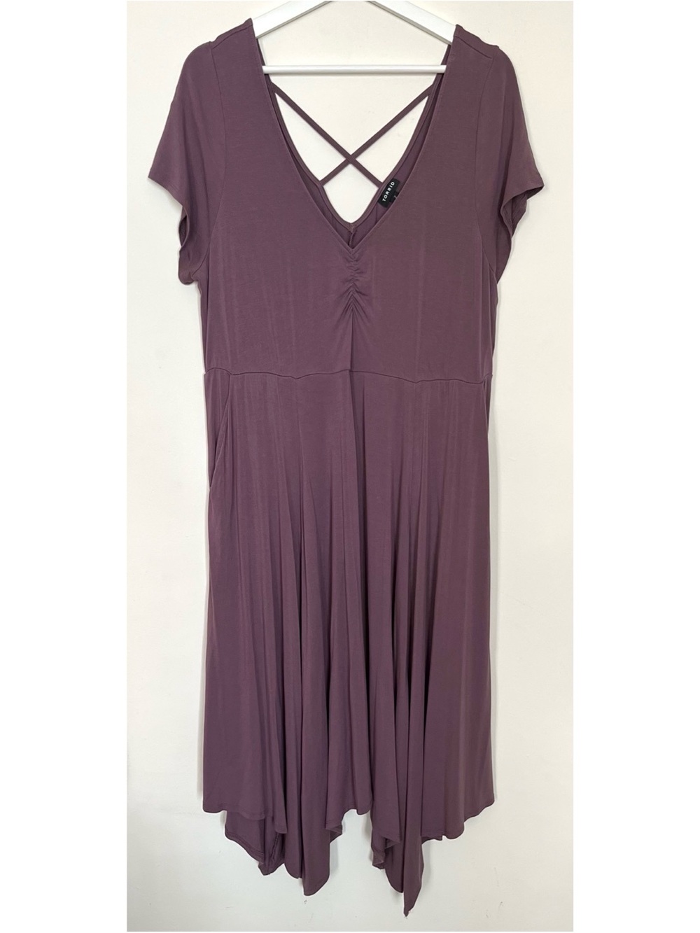 Torrid • 2 • Mauve Gathered V Neck Short Sleeve Criss Cross Back Dress